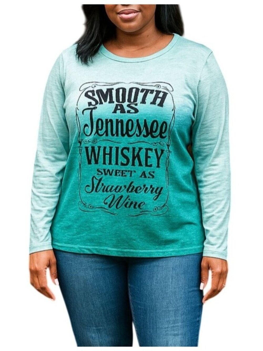 Womens Large Top Smooth As Tennessee Whiskey Graphic Long Sleeve Teal Ombre